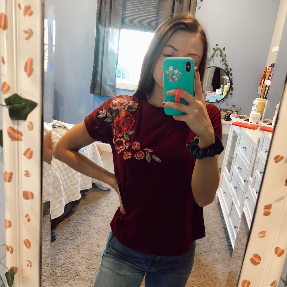 maroon flower shirt